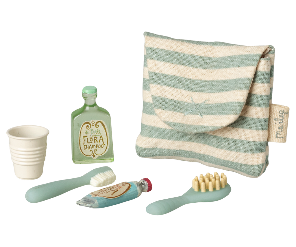 Maileg Toothbrush set in bag, Mouse - Blue stripe
