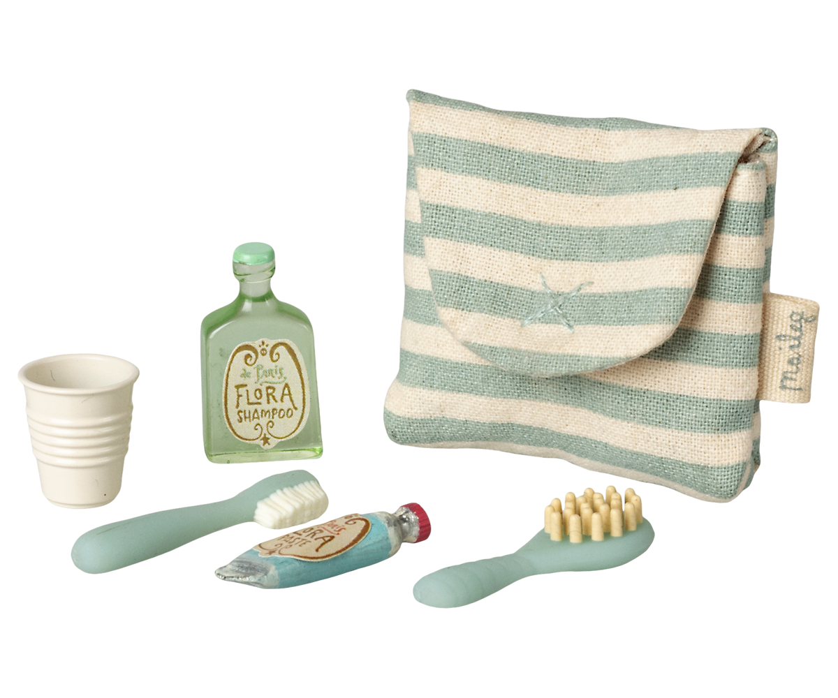Maileg Toothbrush set in bag, Mouse - Blue stripe