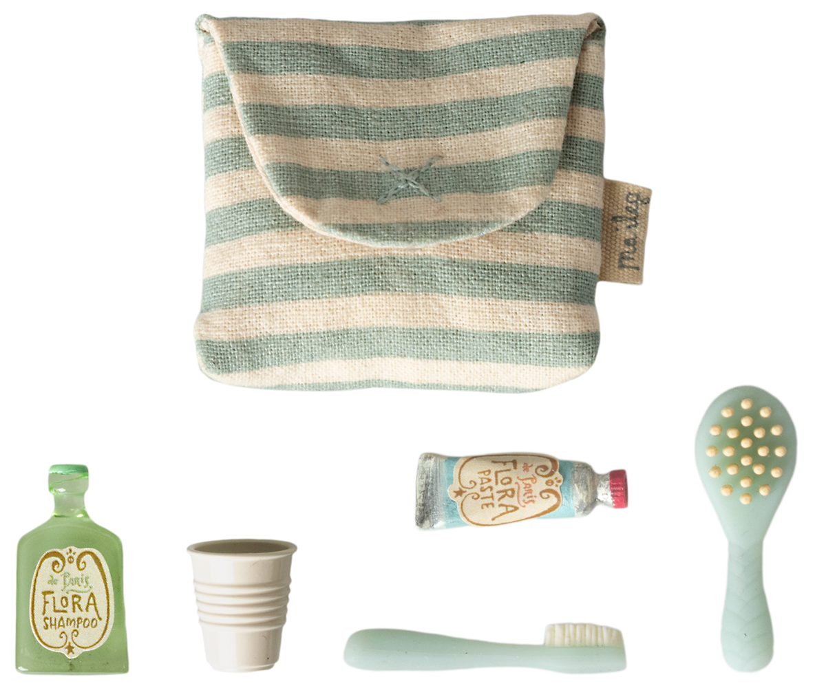 Maileg Toothbrush set in bag, Mouse - Blue stripe
