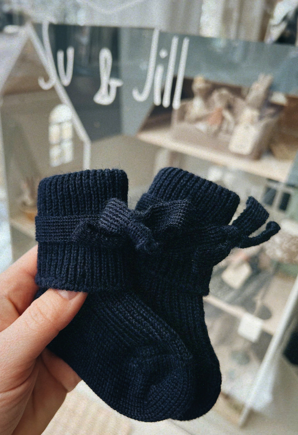 Hirsch natur wollen baby strik sokje navy